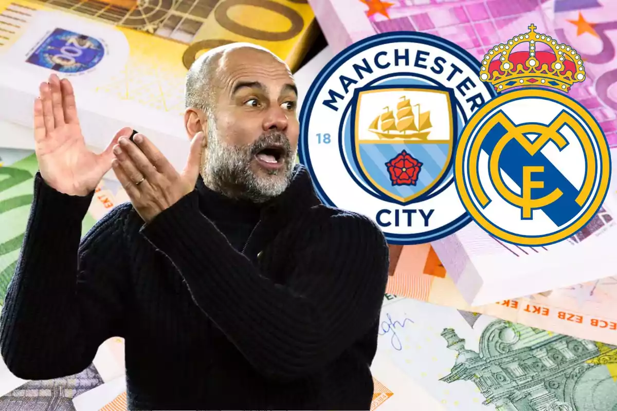 Un hombre gesticulando con logos de Manchester City y Real Madrid sobre un fondo de billetes.