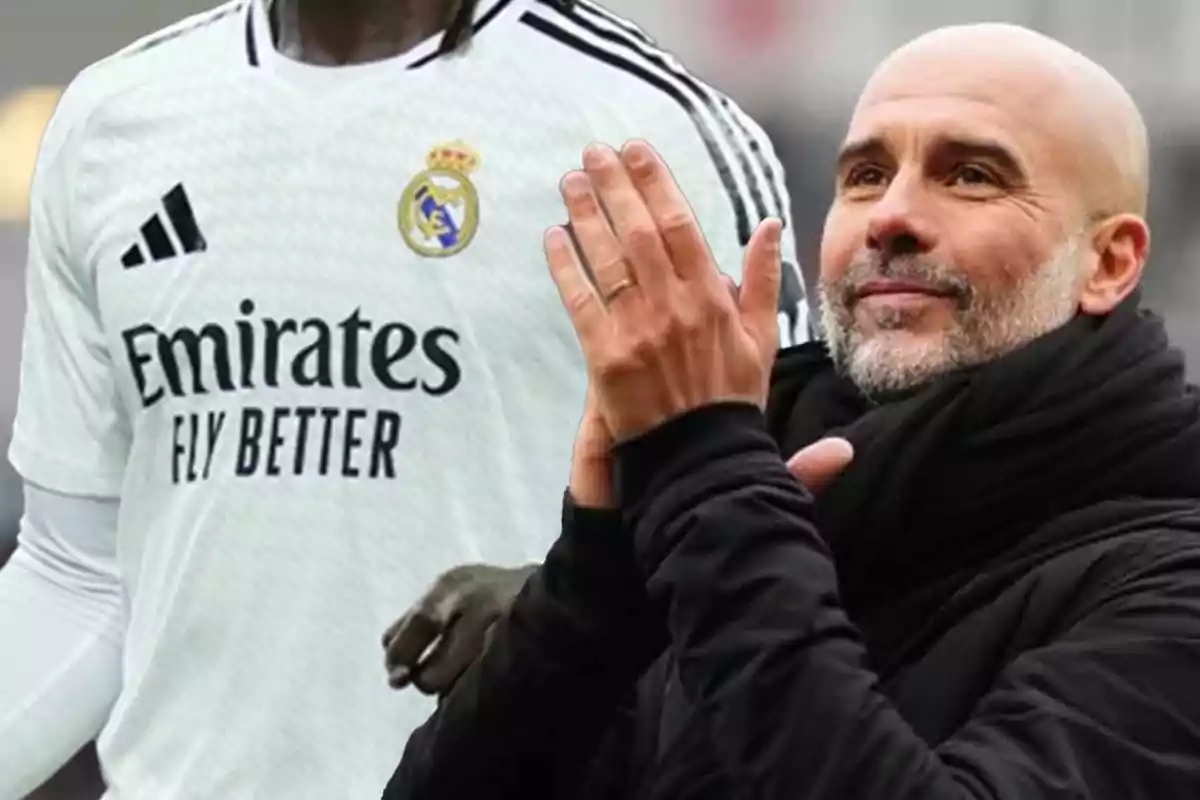 A man clapping next to a player wearing a Real Madrid jersey.