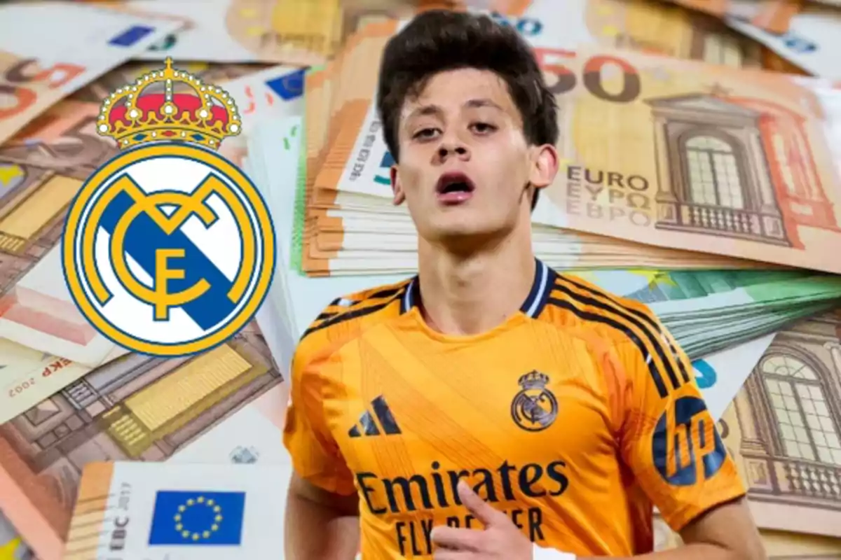 Real Madrid player in orange uniform in front of a background of euro bills and the club's crest.