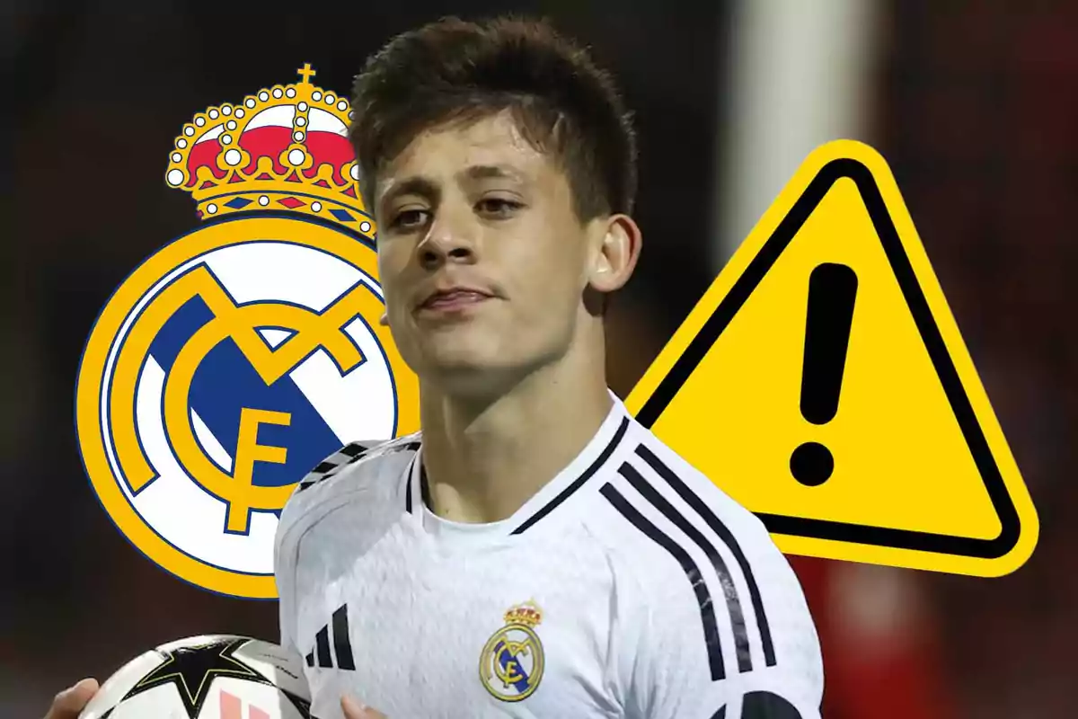 A player in a Real Madrid uniform holding a ball, with the club's crest and a warning symbol in the background.