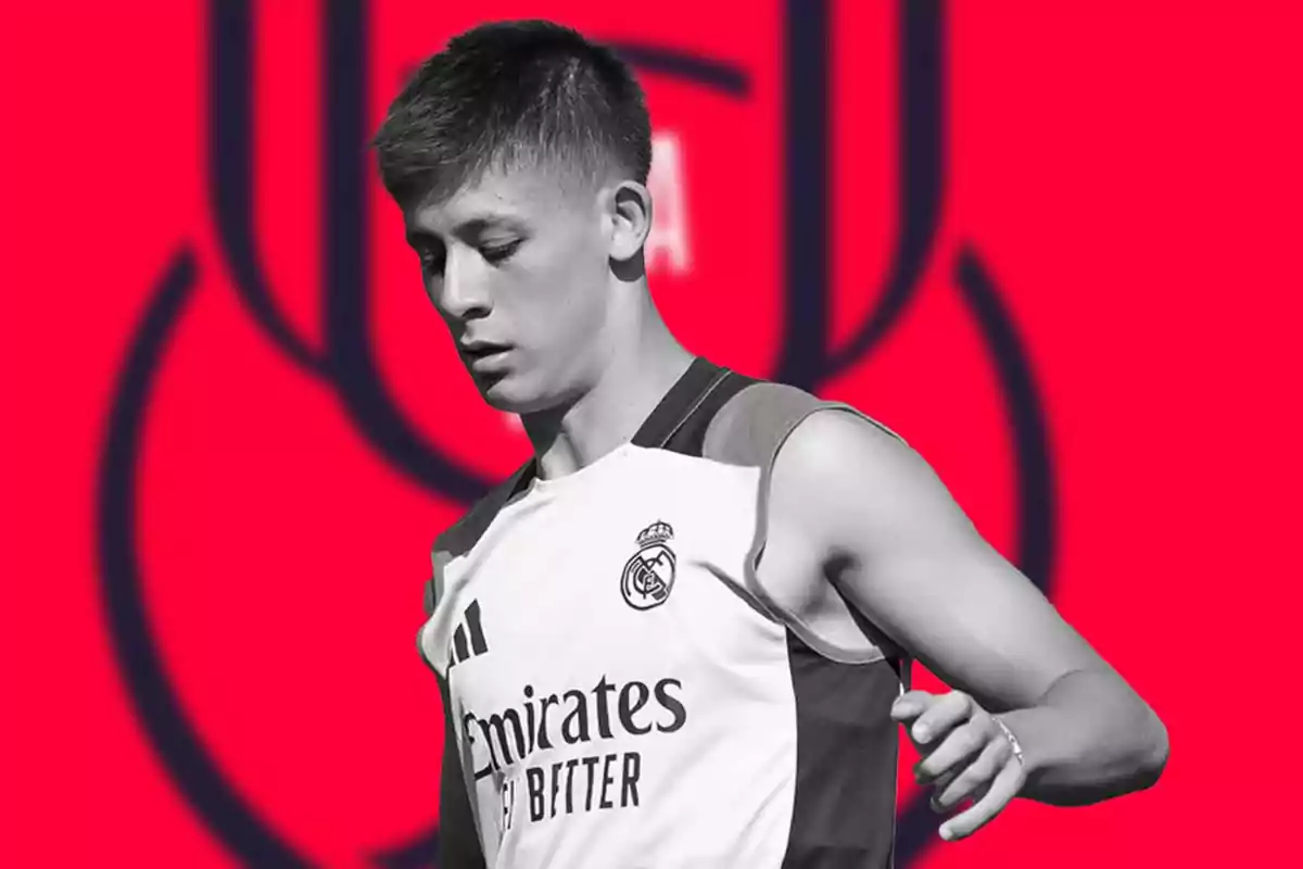 A soccer player in a Real Madrid training jersey on a red background.