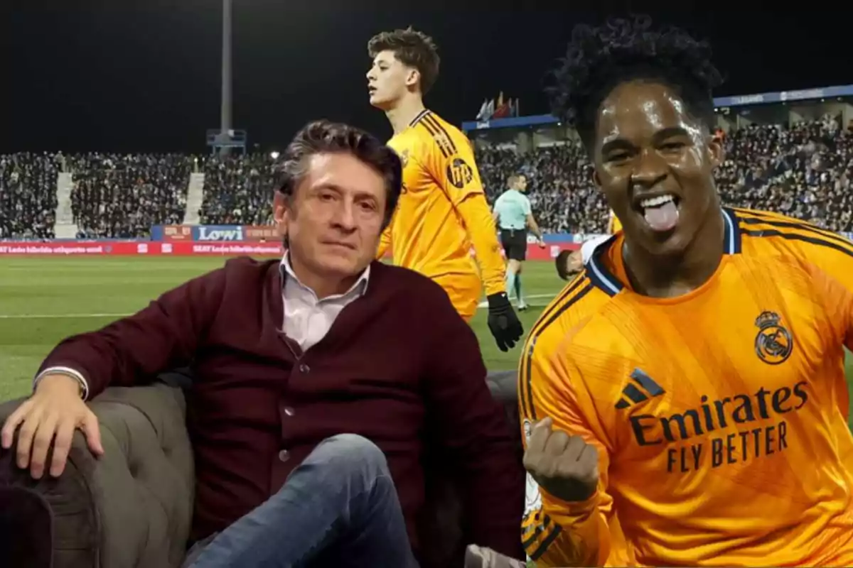 A man sitting on a couch in a soccer stadium, with a Real Madrid player celebrating in the foreground.