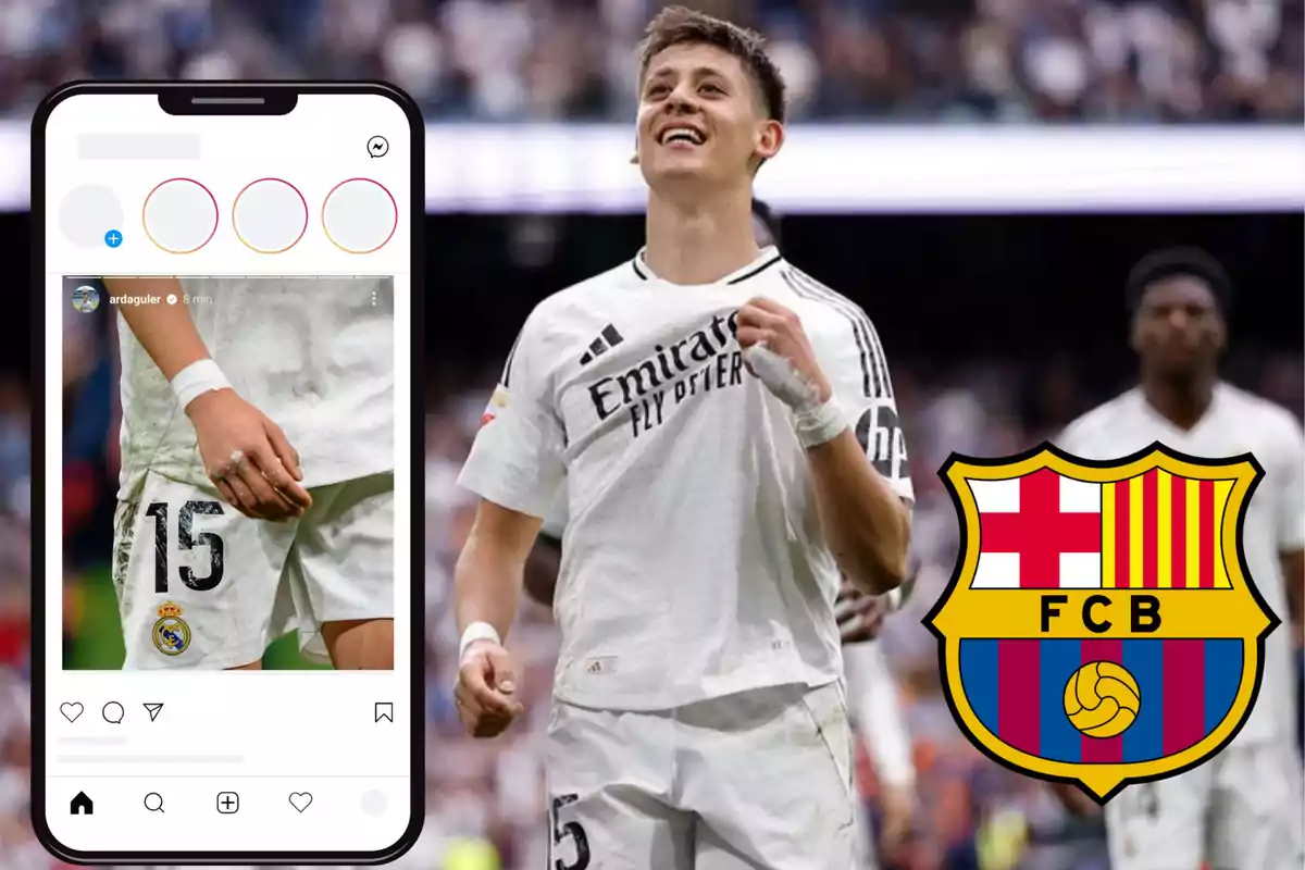 A Real Madrid player celebrates on the field while an Instagram post is shown on a phone and the FC Barcelona crest appears next to it.