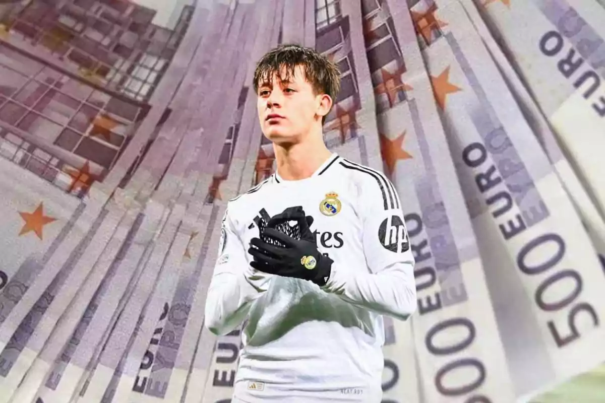 Un jugador de fútbol con uniforme blanco del Real Madrid está en primer plano con un fondo de billetes de 500 euros.