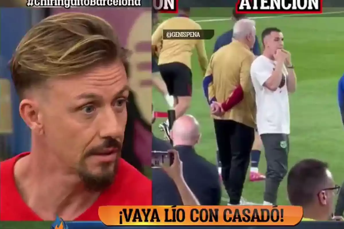 A blond-haired, bearded man appears on a television show while the other half of the image shows several people on a soccer field, with a young man covering his mouth with his hands and a sign at the bottom that says "What a mess with Casado!"