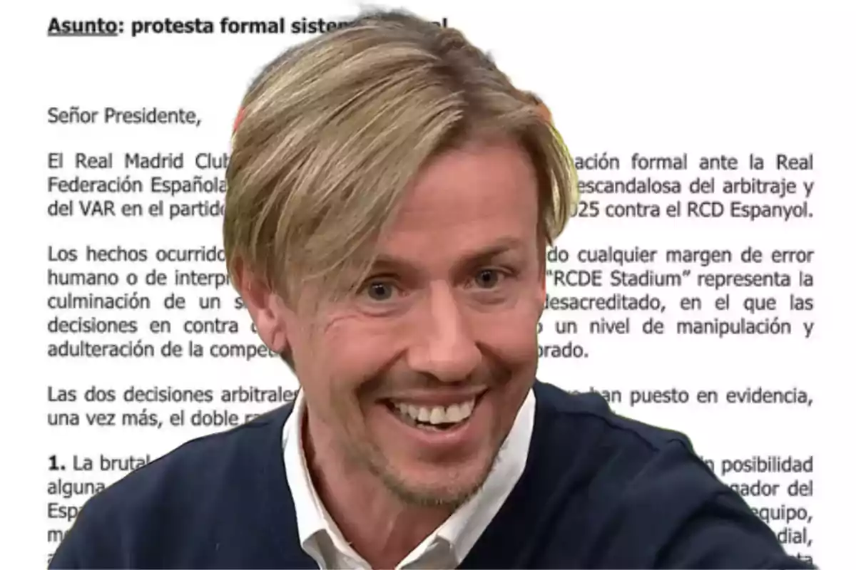 A smiling man appears in front of a document that seems to be a formal letter of protest related to arbitration and VAR in a soccer match.