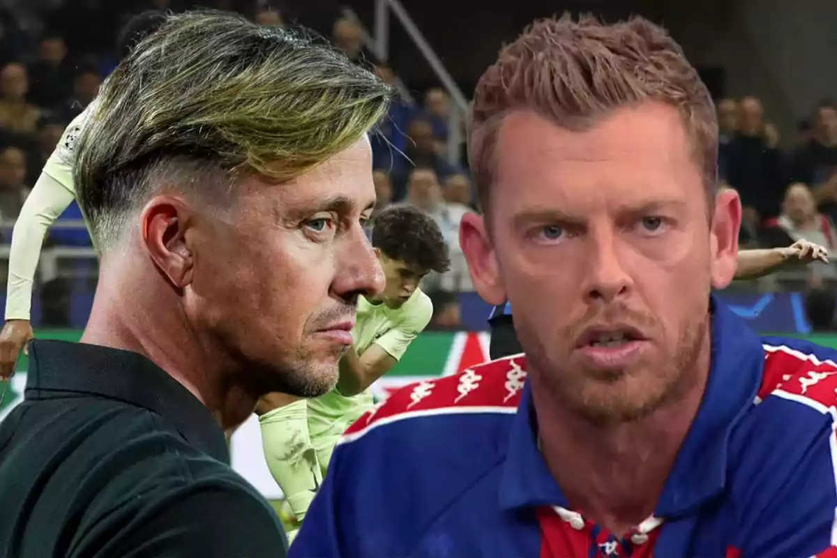 Two men in the foreground with serious expressions, one wearing a black jersey and the other wearing a blue and red jersey, while a soccer game is seen in the background.