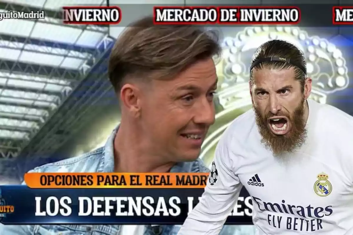 Un programa de televisión discute las opciones de defensas para el Real Madrid durante el mercado de invierno, con un presentador y un jugador de fútbol en la imagen.