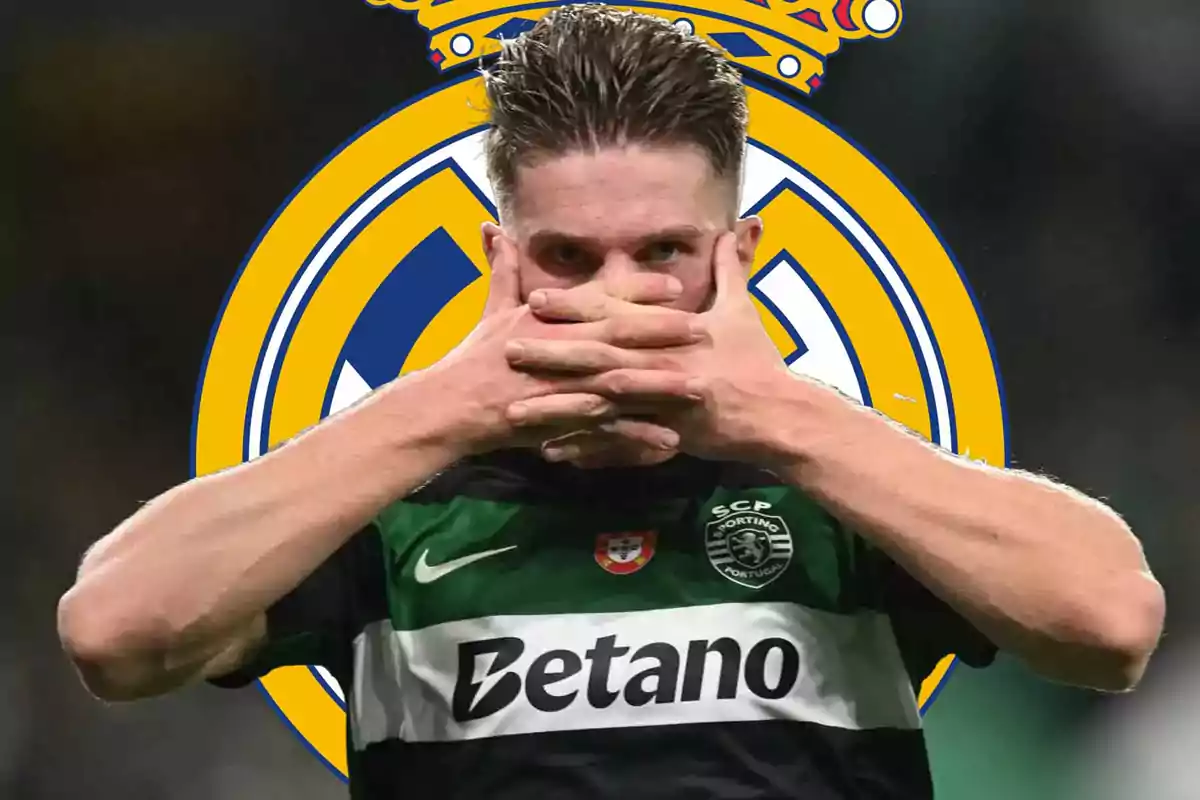 A player with his hands over his mouth is wearing a Sporting Lisbon jersey with the Real Madrid crest in the background.