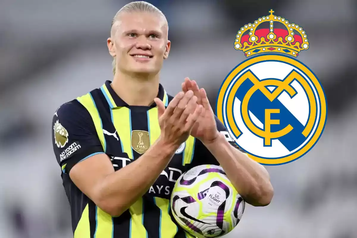 A footballer applauding with a ball in his hand and the Real Madrid crest in the background.