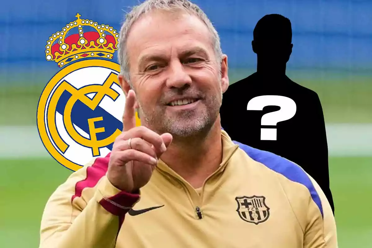 Un hombre sonriente con uniforme deportivo y el escudo del FC Barcelona, junto a un logo del Real Madrid y una silueta con un signo de interrogación.