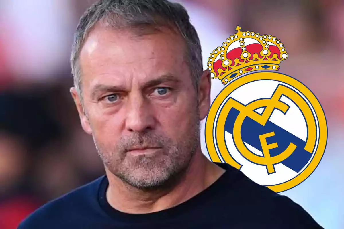 Man with a serious expression in front of the Real Madrid logo.