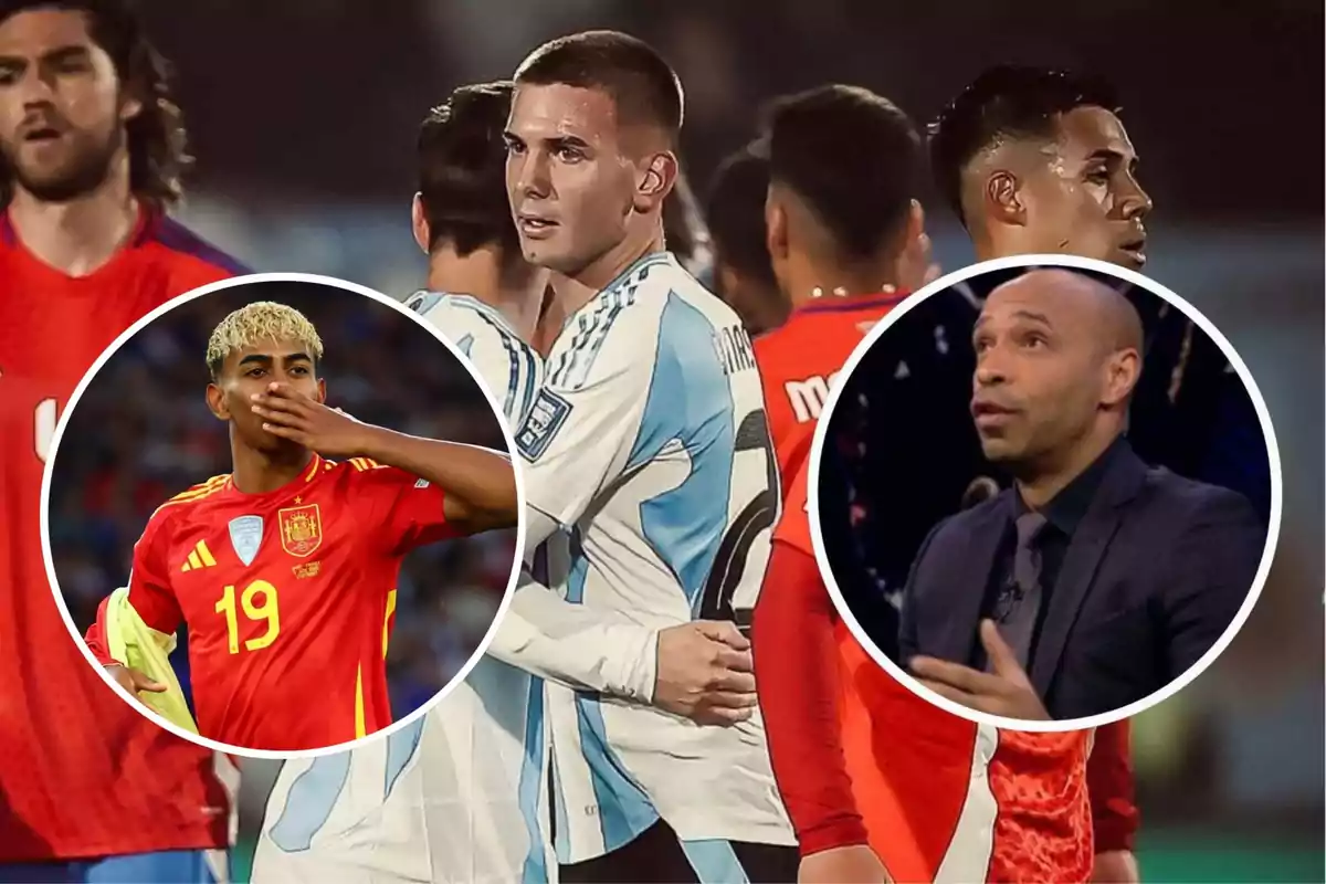 Jugadores de fútbol de Argentina y Chile en el campo con dos recuadros circulares mostrando a un futbolista de España y a un hombre vestido de traje
