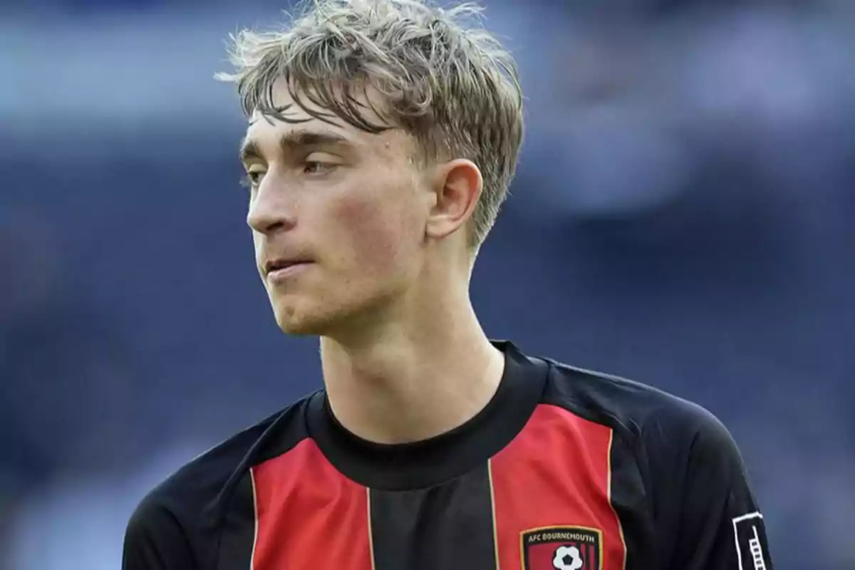 A player in a black and red AFC Bournemouth jersey on the field. A player in a black and red AFC Bournemouth jersey on the field.
