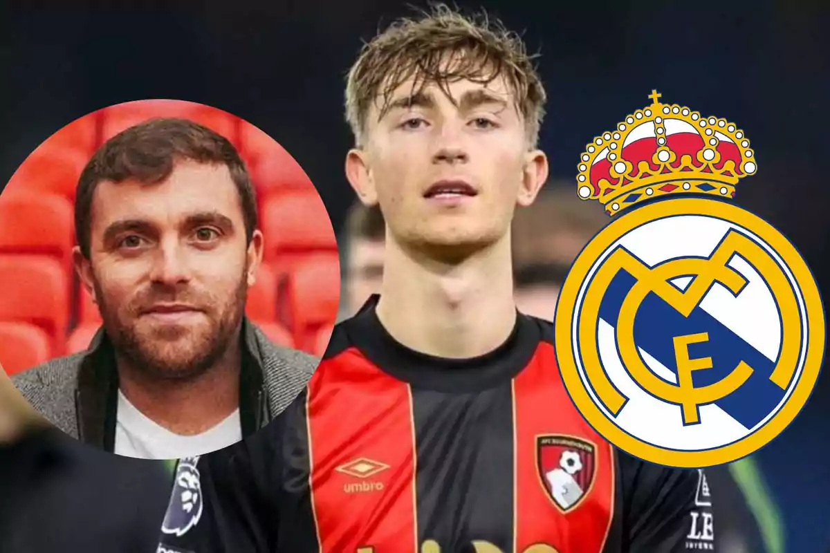 Un jugador de fútbol con el uniforme del AFC Bournemouth junto al escudo del Real Madrid y la imagen de otra persona en un círculo.