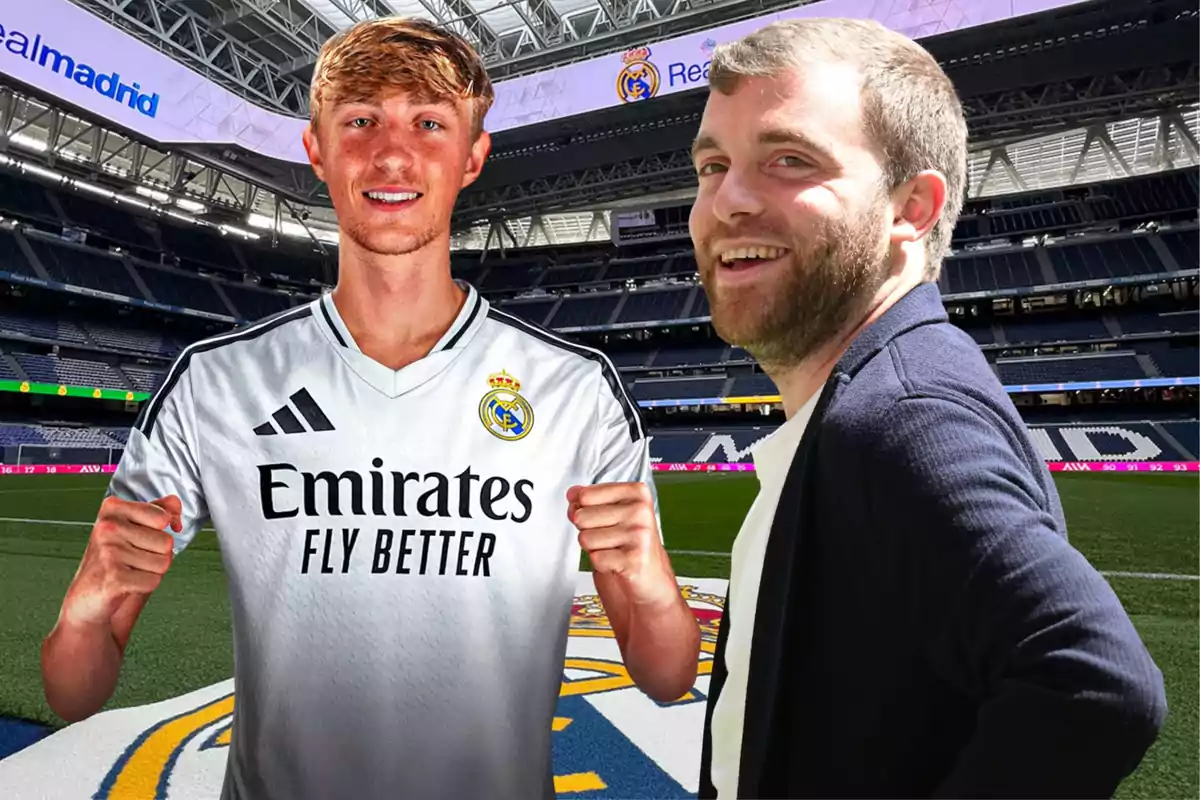 Two people pose in the Real Madrid stadium; one of them is wearing the team’s jersey and smiling, while the other person is also smiling and looking at the camera.