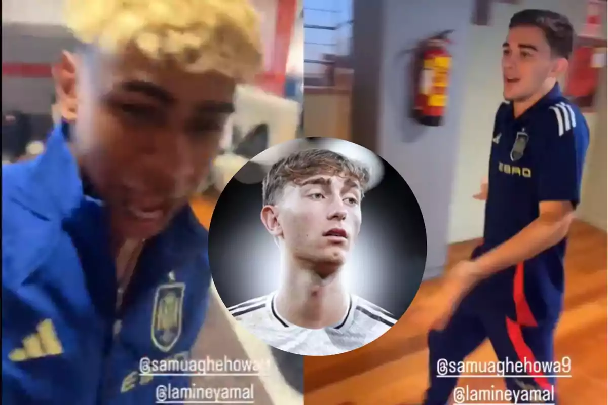 Two young people in blue sports uniforms appear at the edges of the image, while in the center there is a portrait of a third young person wearing a white jersey against a blurred dark background.