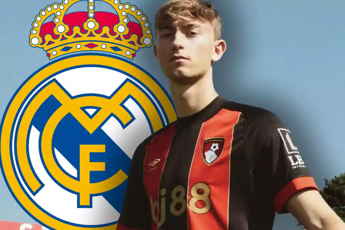 A young player wearing a Bournemouth jersey in front of the Real Madrid crest.