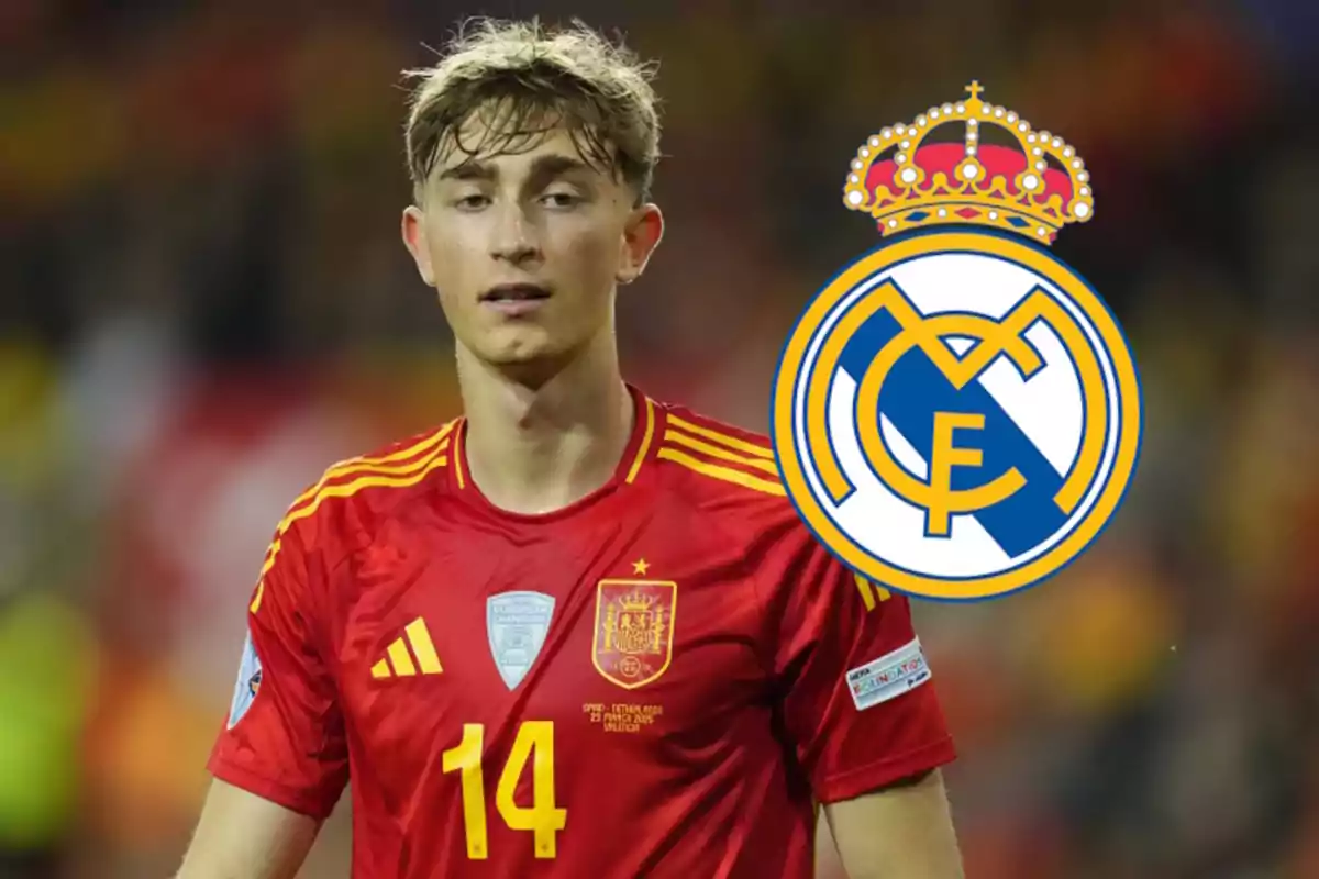 Soccer player with the Spanish national team jersey and the Real Madrid crest next to it.
