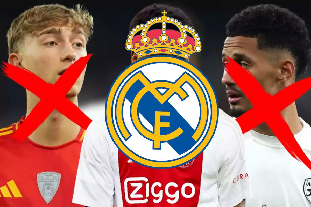 Three players with a big red X over two of them and the Real Madrid crest on the central player.