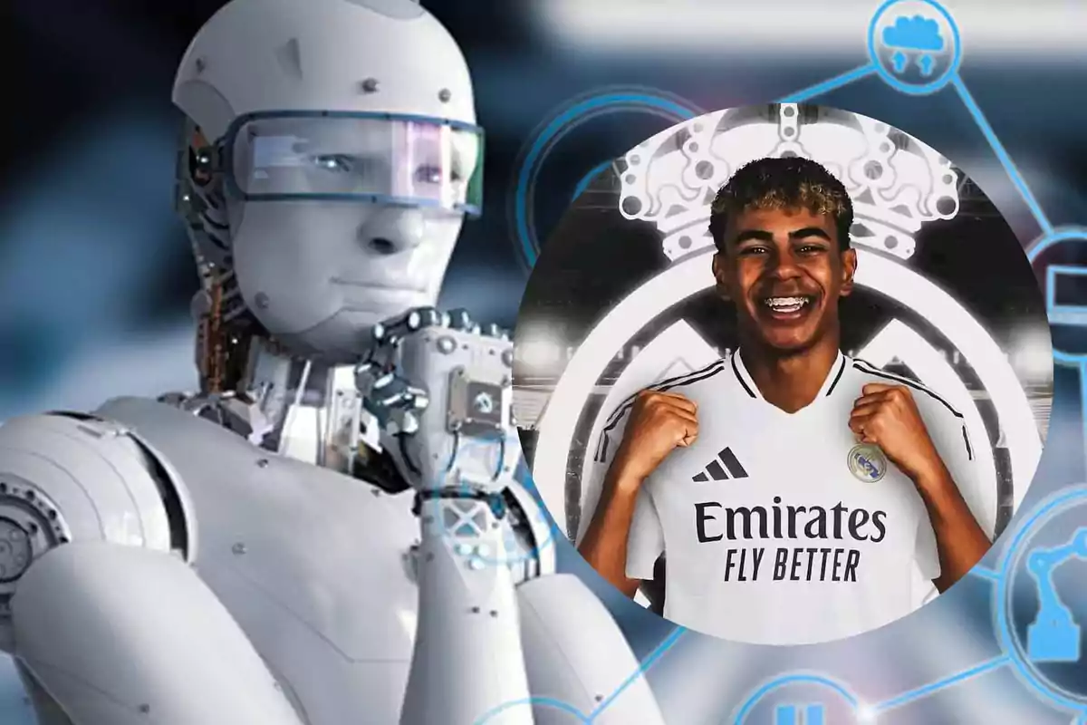 Un robot pensativo junto a un joven futbolista sonriente con la camiseta del Real Madrid.