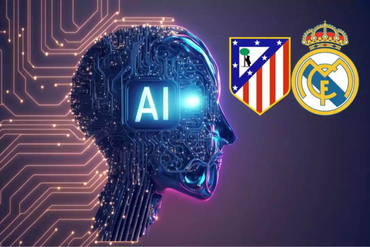 Una figura de inteligencia artificial con circuitos y luces, junto a los escudos de dos equipos de fútbol.