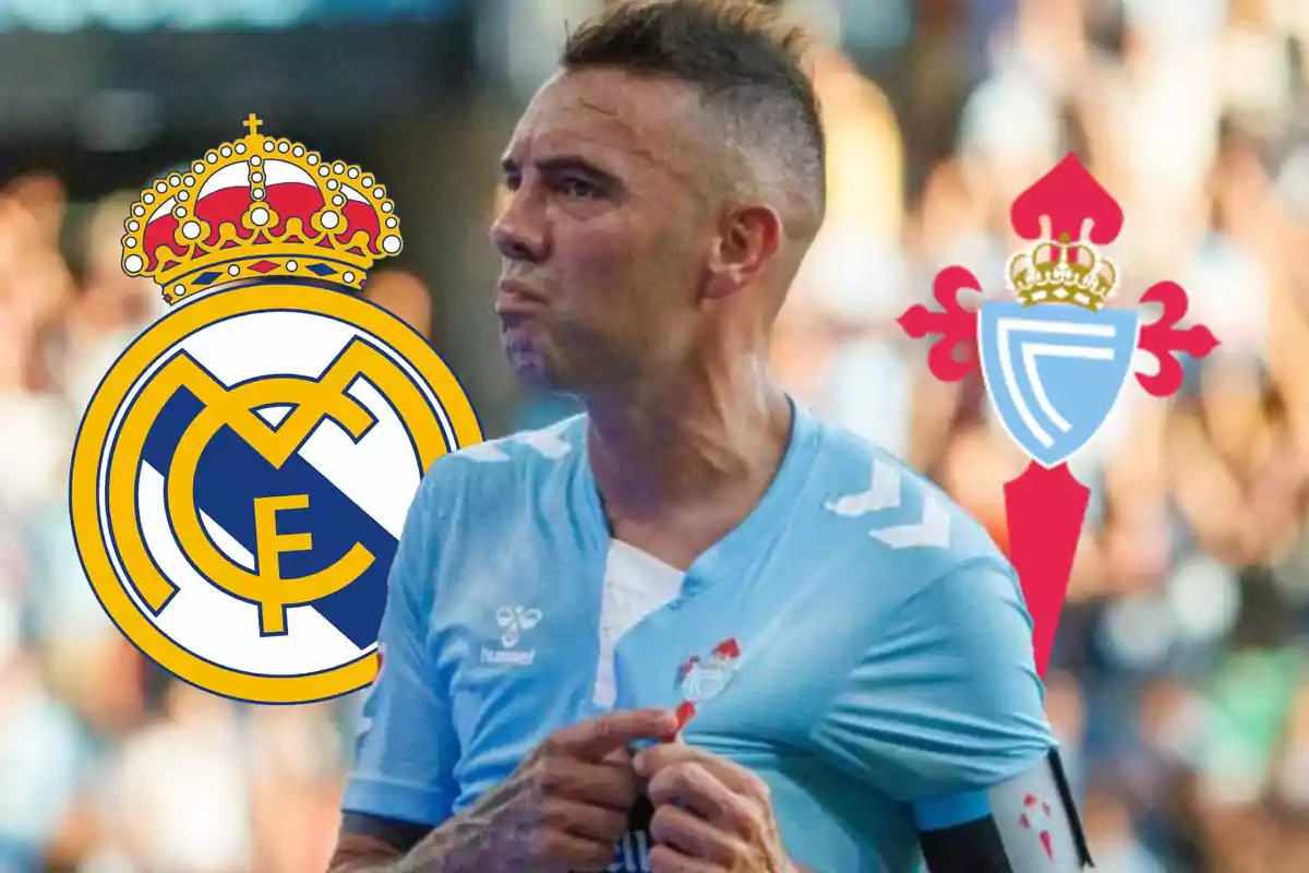 A player wearing the Celta de Vigo jersey appears in the image, with the crests of Real Madrid and Celta de Vigo around him.