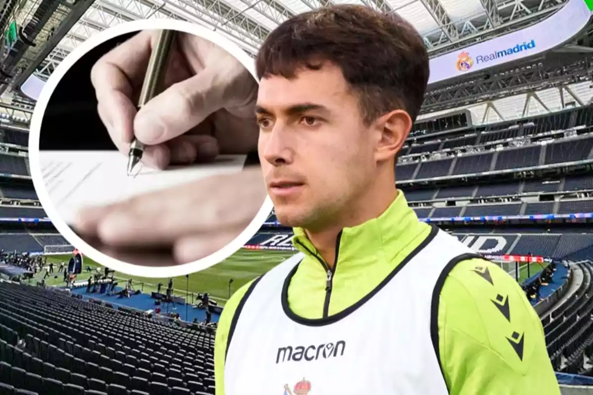 A soccer player in training uniform in a stadium with an inset showing a hand transfer a document.