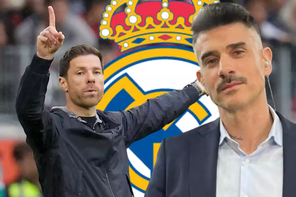 Two men in the foreground with the Real Madrid crest in the background.