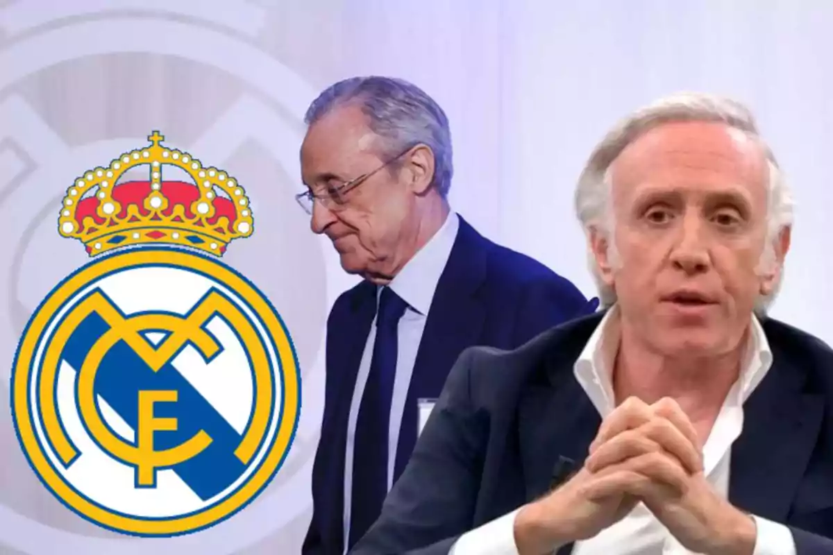 Two men in suits next to the Real Madrid logo.