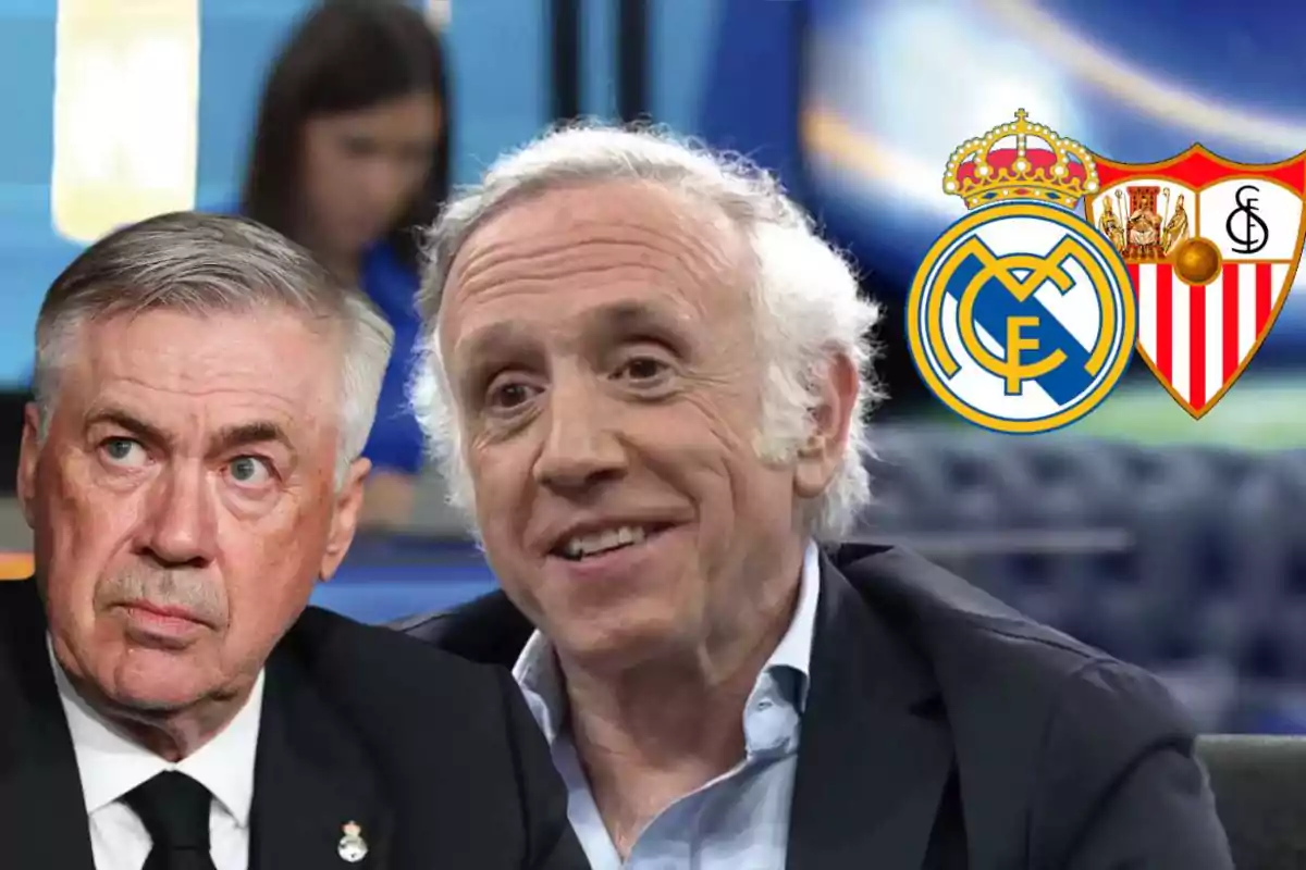 Dos hombres en un estudio de televisión con los logos del Real Madrid y Sevilla FC en el fondo.