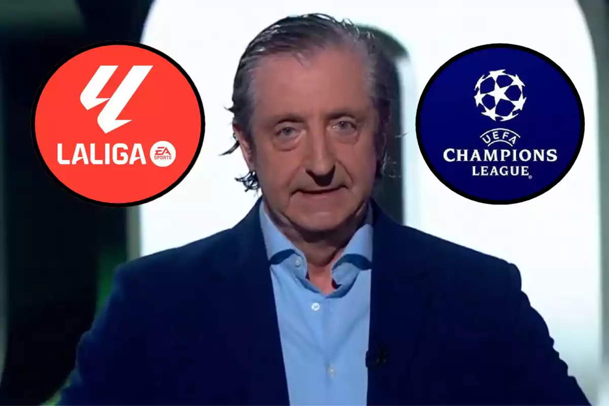 Un hombre de traje oscuro y camisa azul está en el centro de la imagen, flanqueado por los logotipos de LaLiga y la UEFA Champions League.