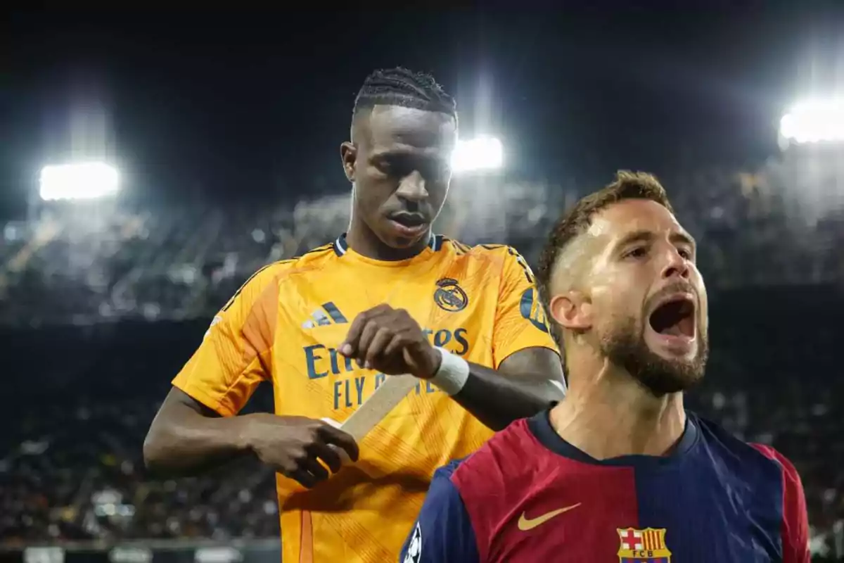 Two soccer players in a floodlit stadium, one in a yellow uniform and one in a blue and red uniform, both showing intense expressions.