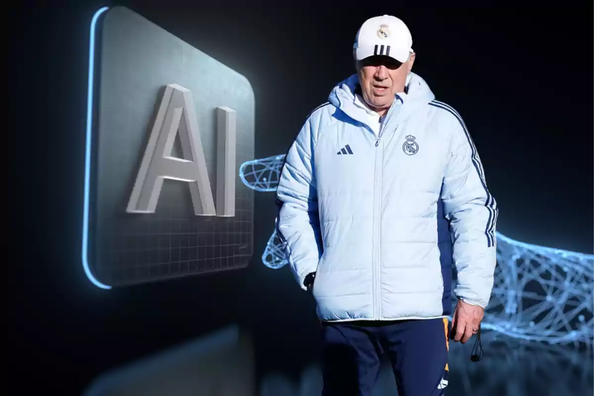 A man wearing a Real Madrid jacket and cap stands next to a graphic displaying the letters "AI."