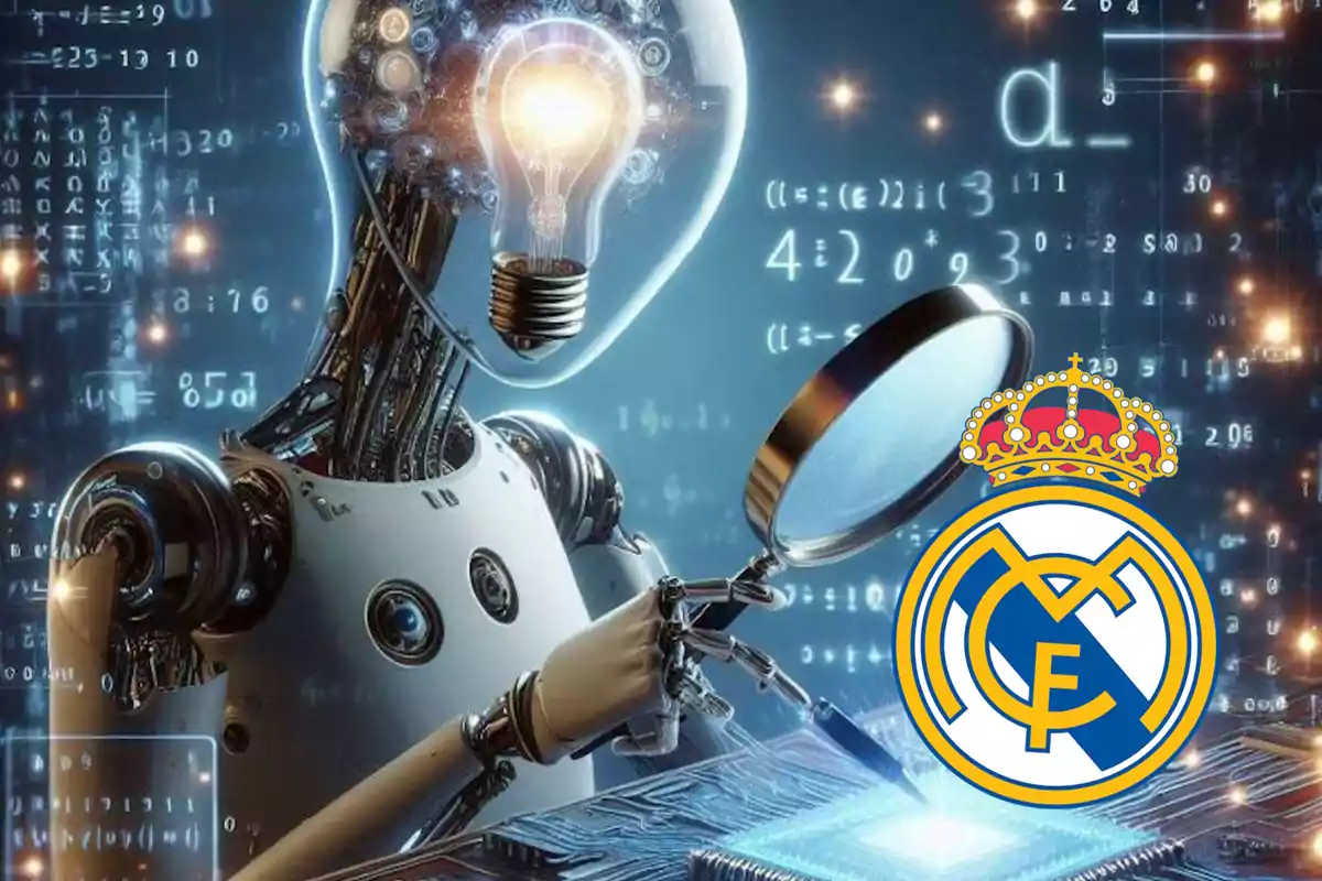 Un robot con una bombilla como cabeza sostiene una lupa sobre un circuito mientras el logo del Real Madrid aparece en la esquina.