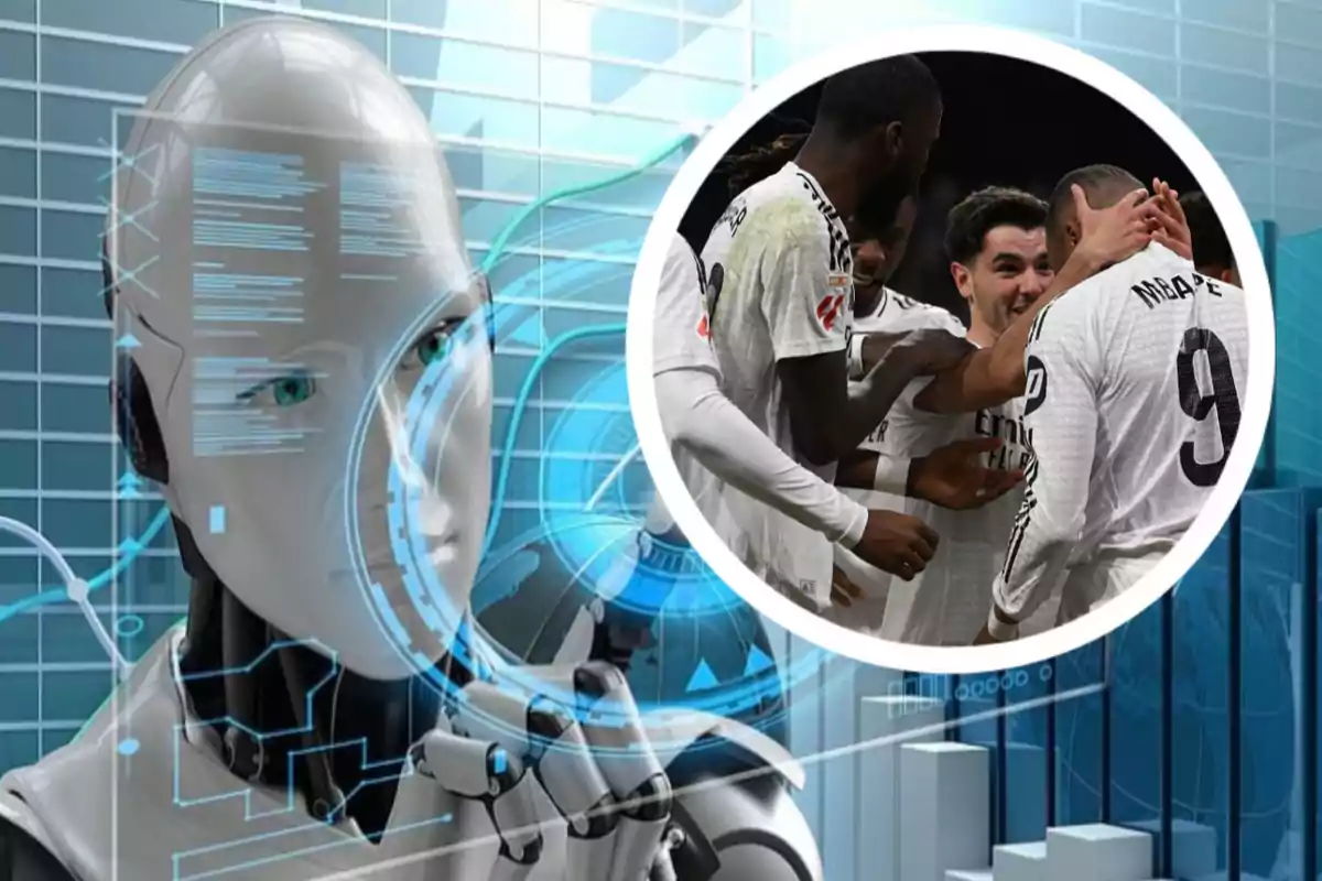A robot with digital graphics watches as a group of players celebrates a goal inside a superimposed circle.