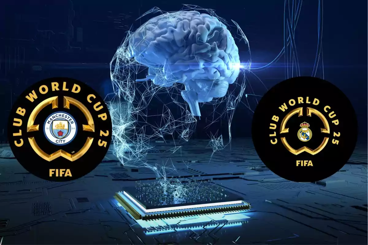 Un cerebro digitalizado sobre un microchip con los logos del Club World Cup 25 de Manchester City y Real Madrid a los lados