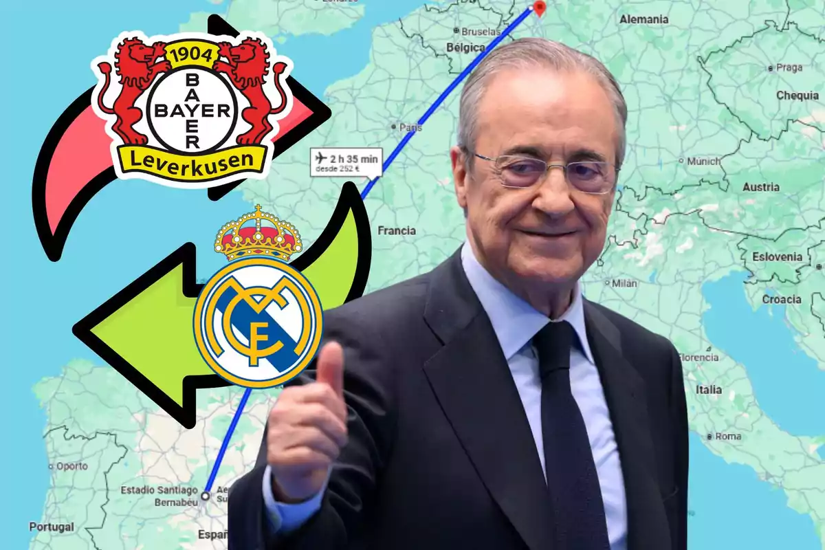 Un hombre sonriente con traje y corbata levanta el pulgar frente a un mapa de Europa que muestra una ruta de vuelo entre España y Alemania, con los logotipos de los equipos de fútbol Bayer Leverkusen y Real Madrid conectados por flechas.