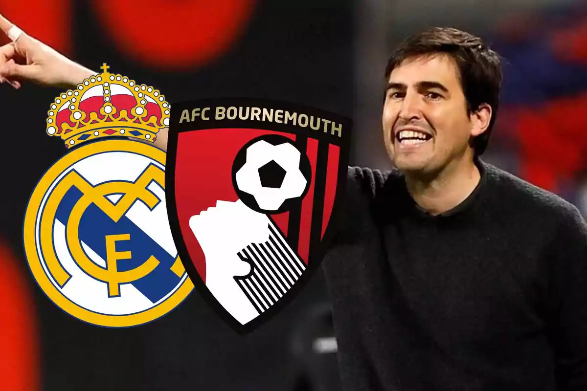 Un hombre sonriente con logos de los equipos de fútbol Real Madrid y AFC Bournemouth superpuestos.