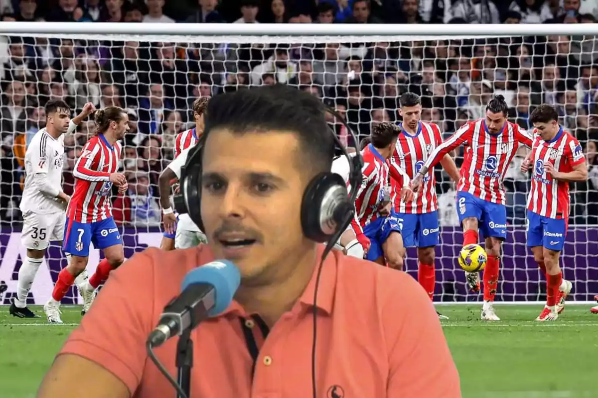 A man with headphones and a microphone in the foreground while a group of players in red and white striped uniforms and an opposing team in white are on the field in front of a goal.