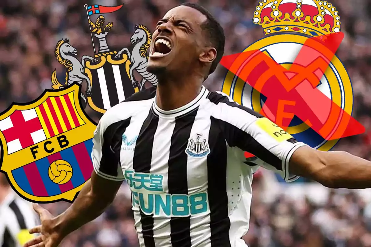 Un jugador de fútbol con la camiseta del Newcastle United celebra con los brazos abiertos, mientras los escudos del FC Barcelona, Real Madrid y Newcastle aparecen de fondo.