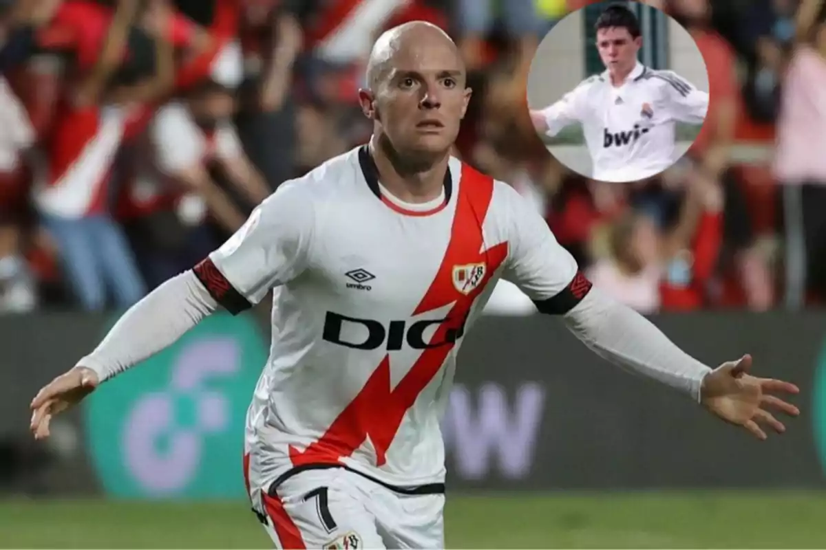 A player from Rayo Vallecano celebrates a goal with arms outstretched, while an inset shows an image of him in his youth wearing the Real Madrid uniform.