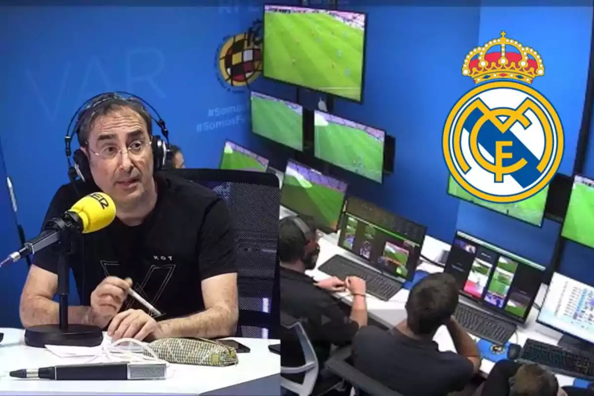 A man with headphones speaks in front of a microphone in a radio studio while elsewhere in the image a control room is seen with several screens showing a soccer match and the Real Madrid crest.