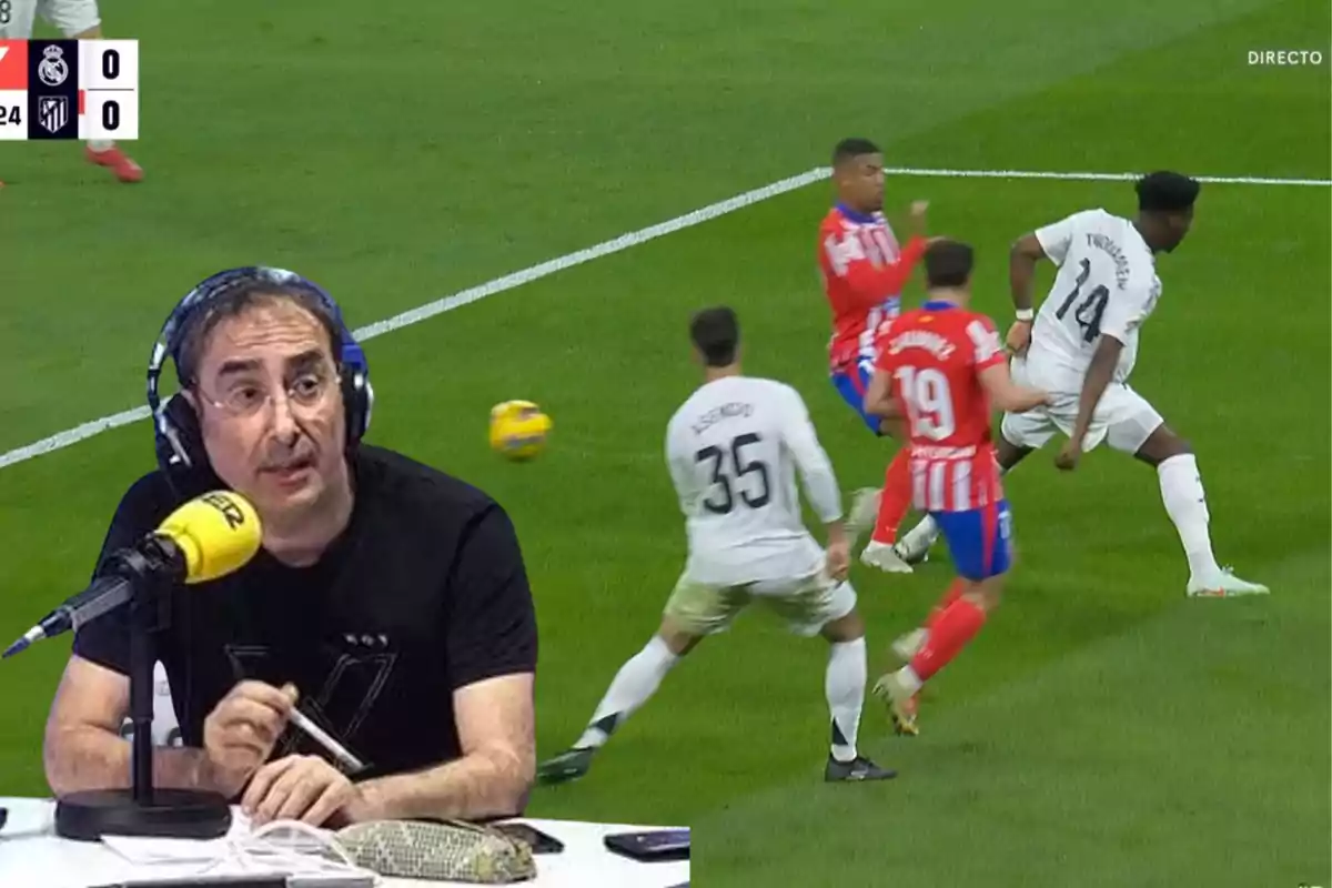 A sports commentator with headphones and a microphone appears superimposed over an image of a soccer match between players from teams in white and red uniforms.