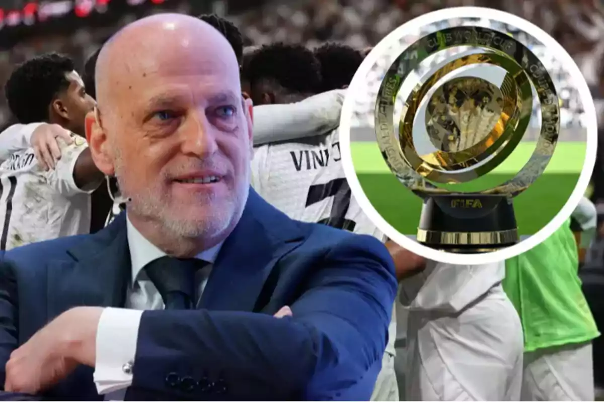 A bald man with a beard and a suit smiles at the front, while in the background a group of players celebrates and a FIFA trophy is displayed.