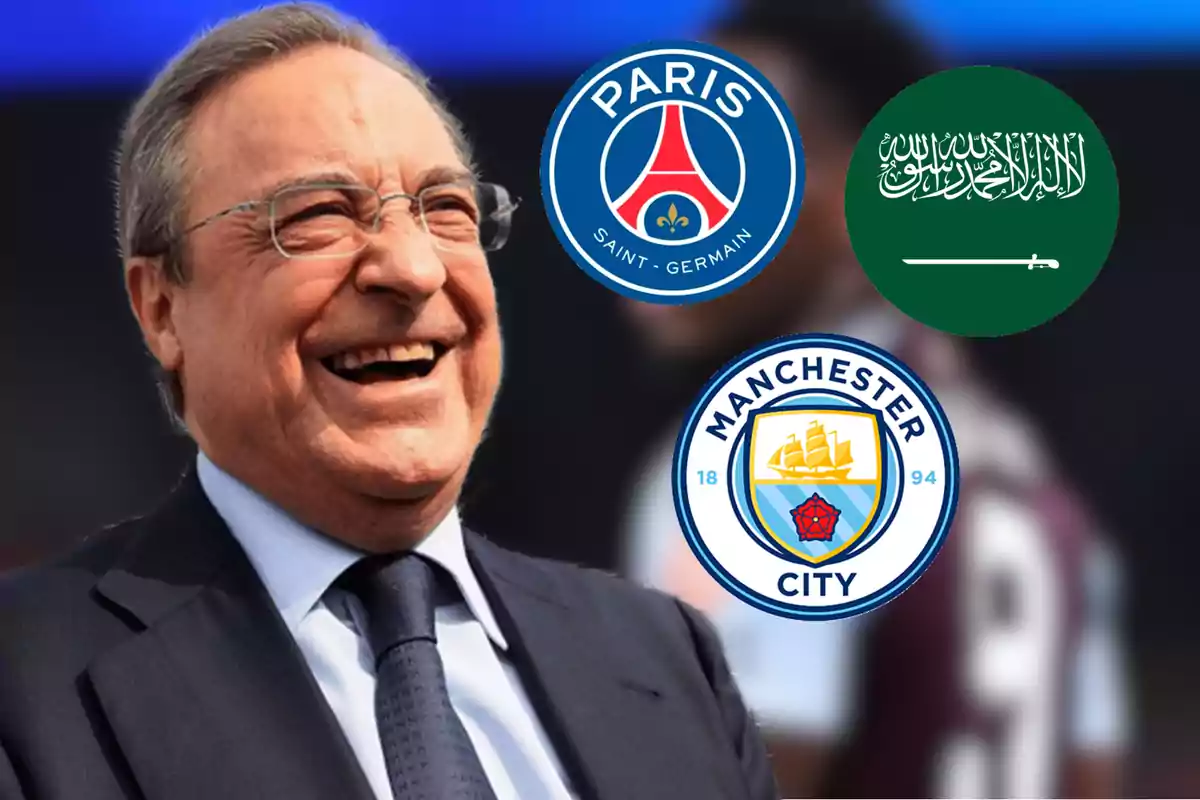 Un hombre sonriendo con los logotipos de Paris Saint-Germain, Arabia Saudita y Manchester City a su alrededor.