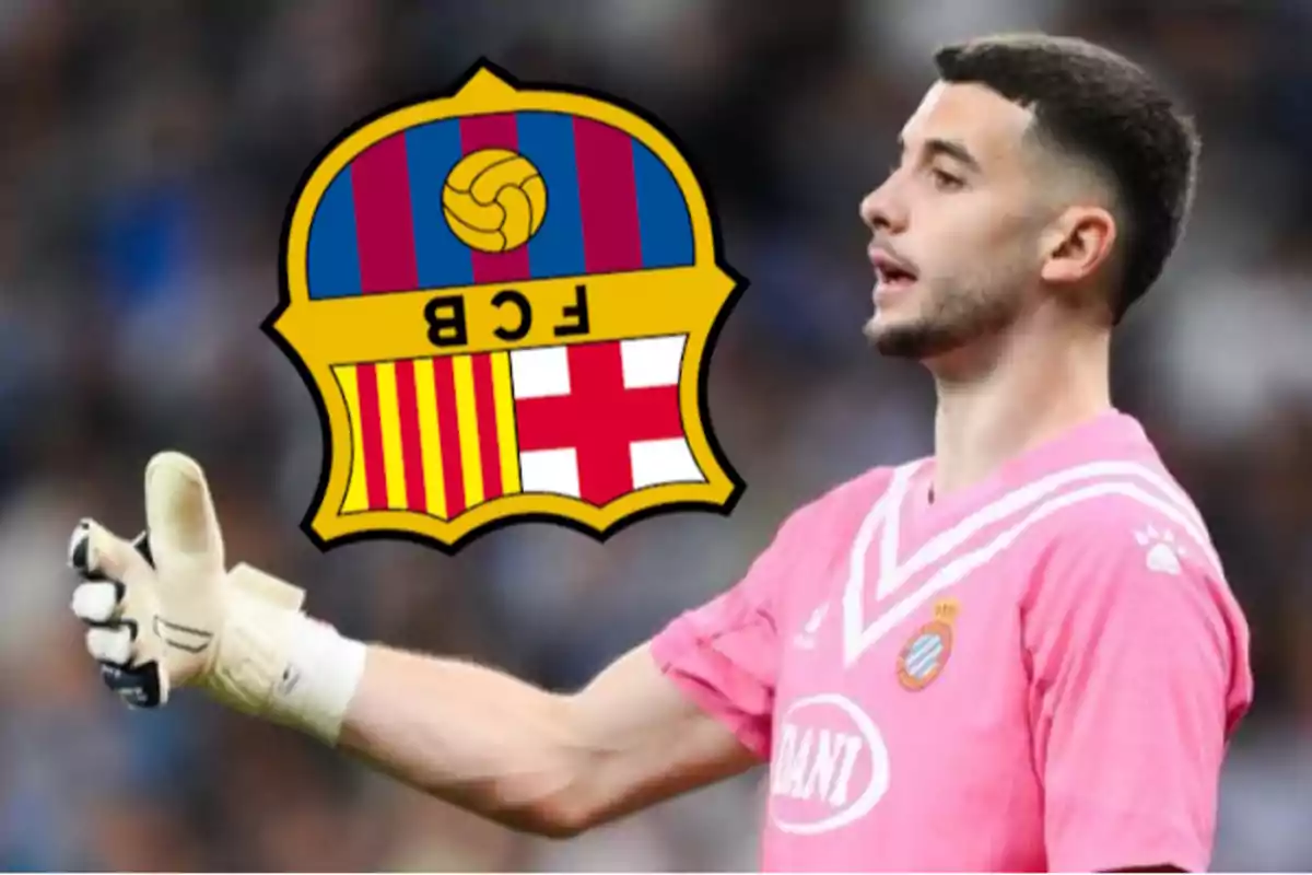 Goalkeeper in a pink uniform and gloves in the foreground next to the FC Barcelona crest against a blurred background