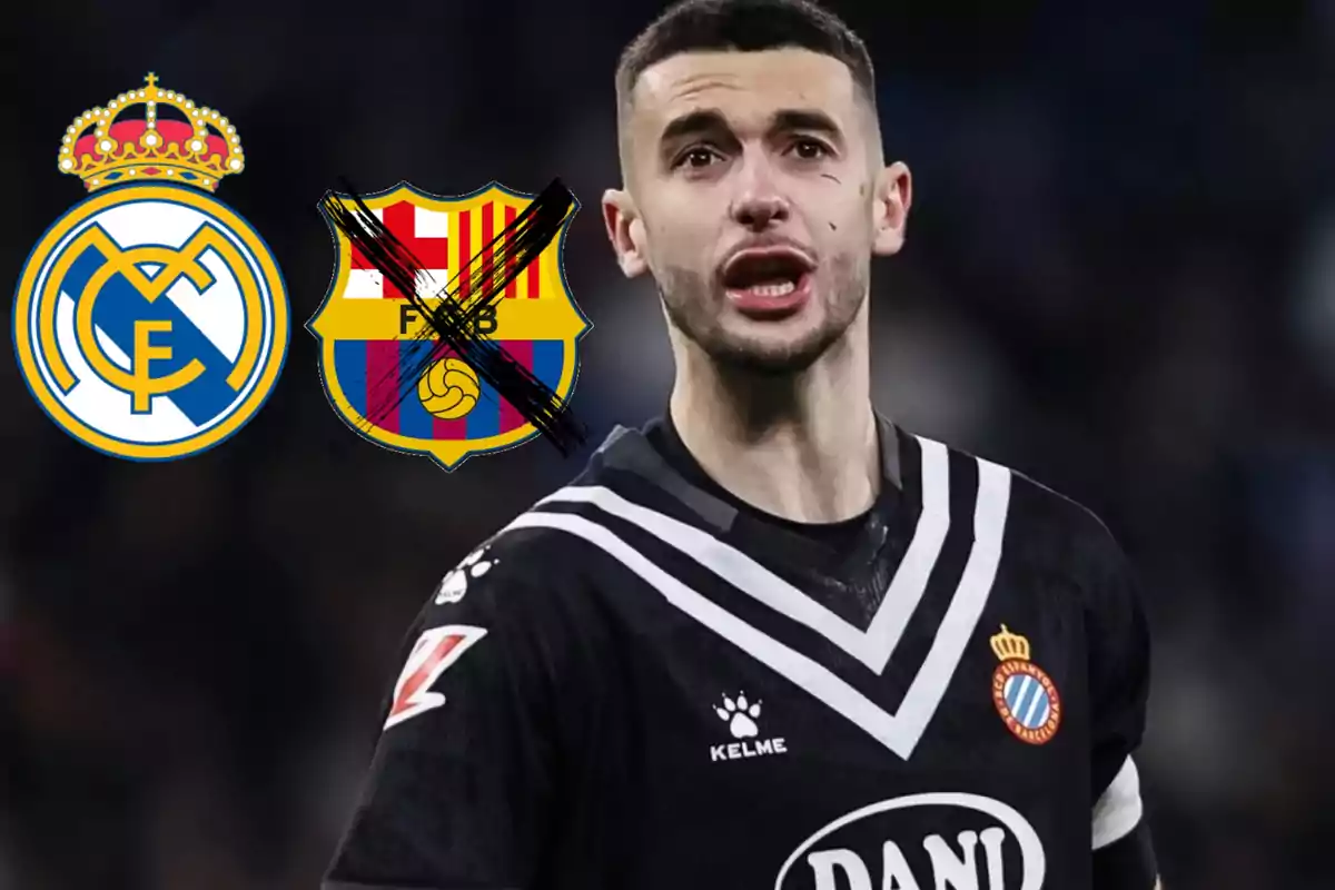 Espanyol player with the Real Madrid and Barcelona crests, the Barcelona one is crossed out
