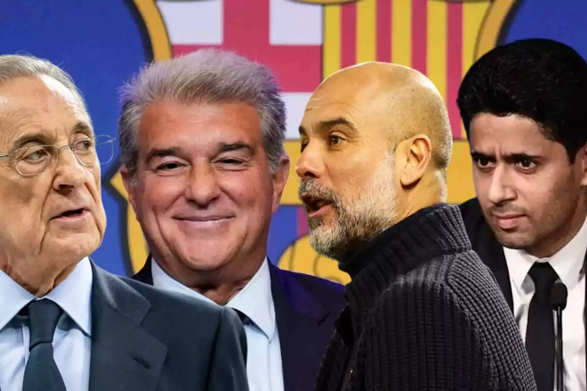 Four men in suits and sweaters in front of a background with the FC Barcelona crest.