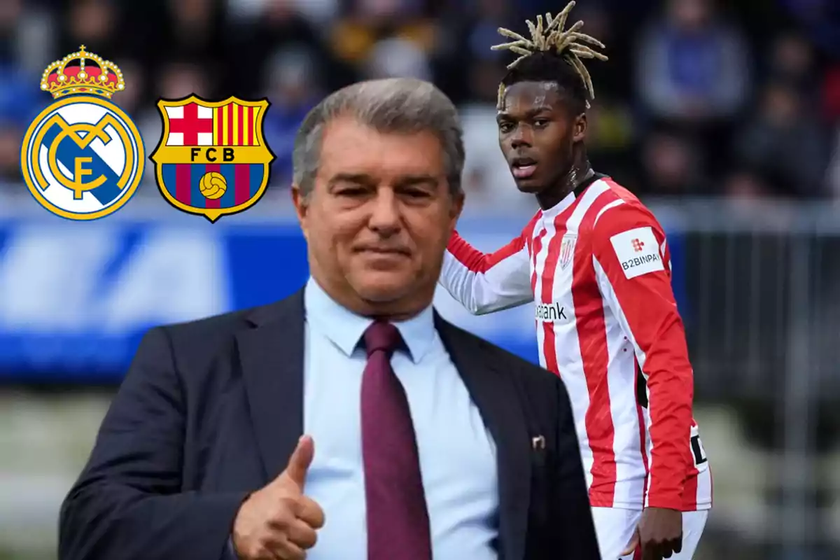 A man in a suit gives a thumbs up while a soccer player in a red and white uniform stands in the background next to the crests of two soccer teams.